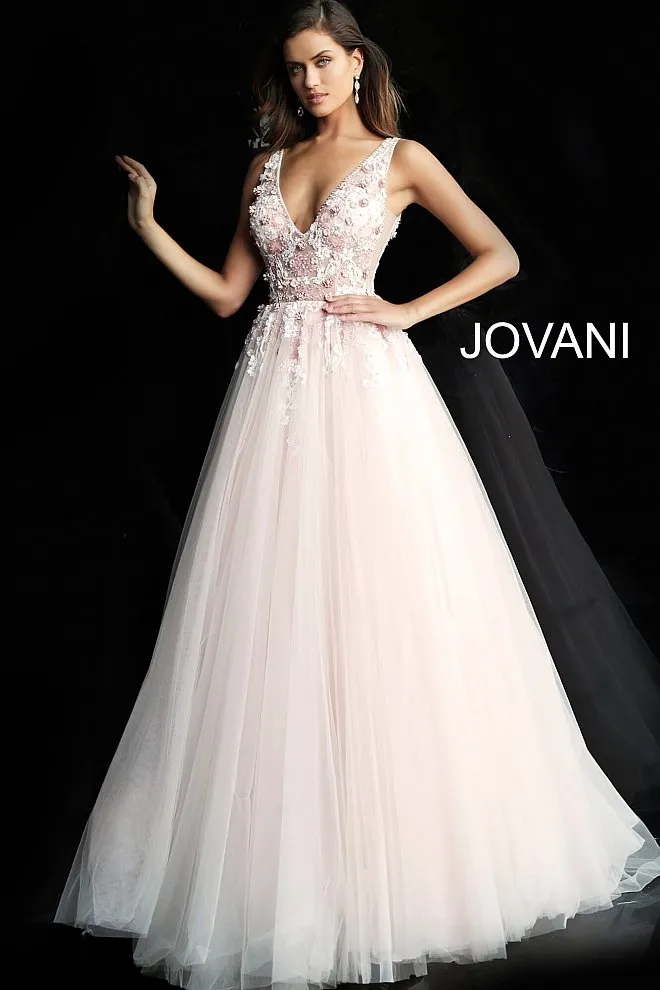 Jovani 61109 Floral appliqué tulle prom dress Ballgown Sheer V Neck Evening Gown
