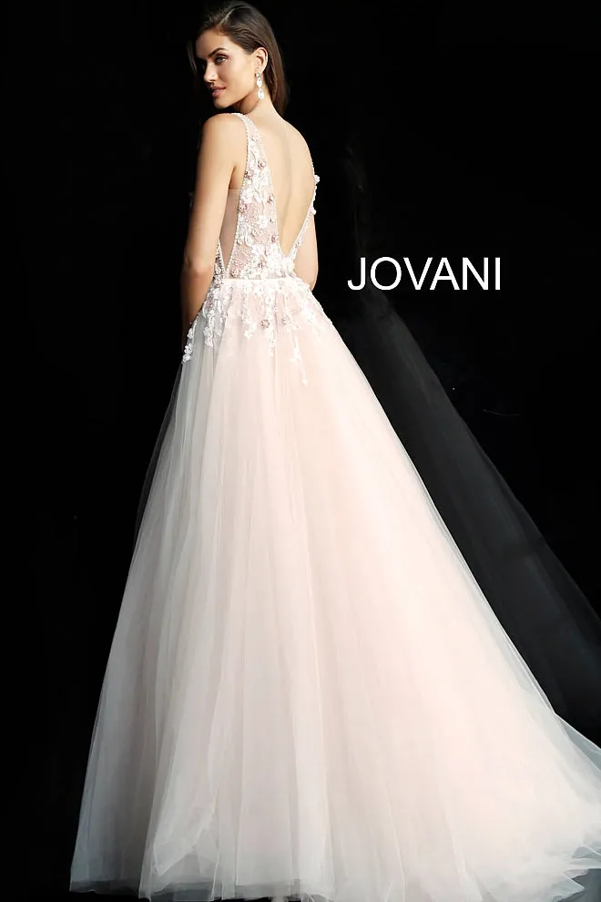 Jovani 61109 Floral appliqué tulle prom dress Ballgown Sheer V Neck Evening Gown