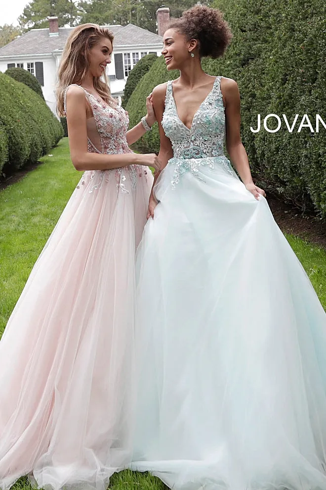 Jovani 61109 Floral appliqué tulle prom dress Ballgown Sheer V Neck Evening Gown