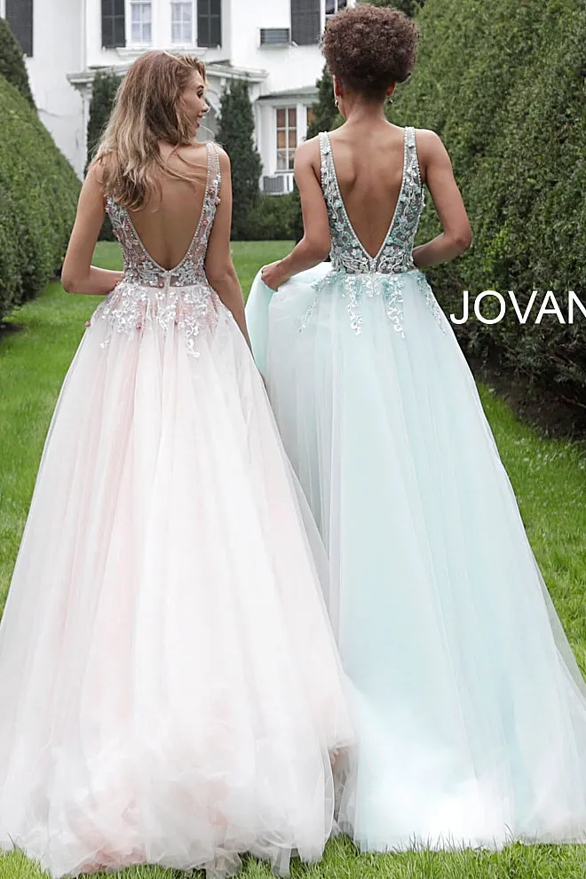 Jovani 61109 Floral appliqué tulle prom dress Ballgown Sheer V Neck Evening Gown