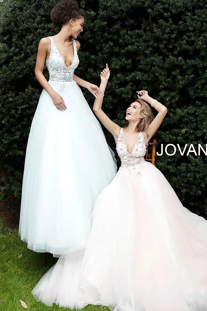 Jovani 61109 Floral appliqué tulle prom dress Ballgown Sheer V Neck Evening Gown
