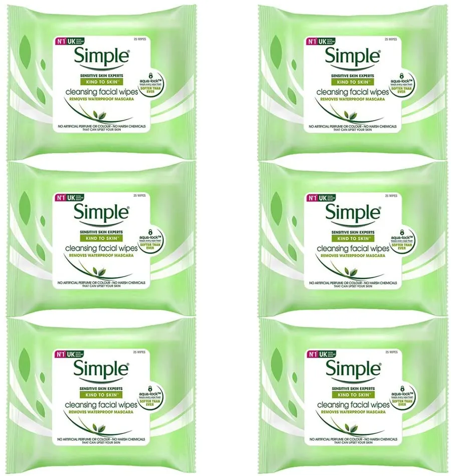 Wipes Simple Skin Sensitive Cleansing Facial Tissue Face Wash 6 x 25